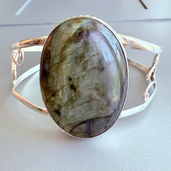 HUGE Vintage 925 Sterling Silver 70ct Labradorite Cuff Bracelet - Picture 1 of 9